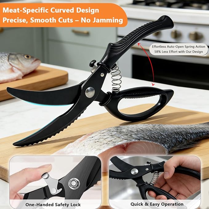 Kitchen Poultry Shears Heavy Duty, Stainless Steel Kitchen Meat Cutting Scissors for Food with Non-Slip Handle & Safety Lock, All Purpose Cooking Aid Scissors for Chicken, Bone, Turkey, Fish