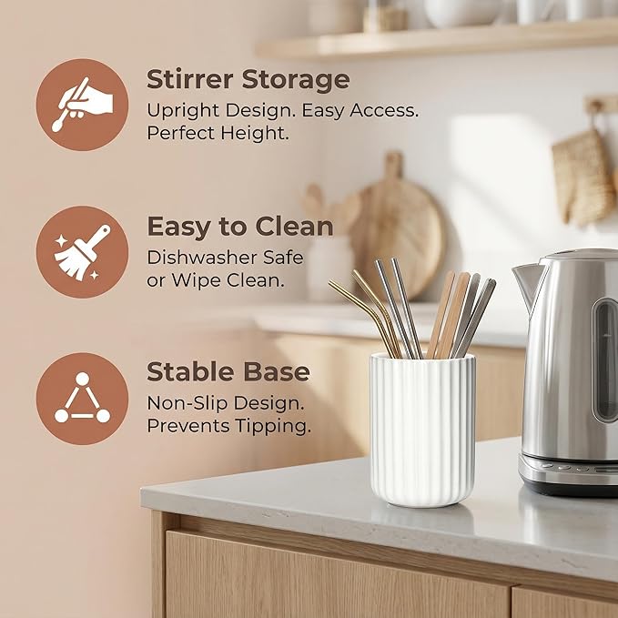 Ceramic Spoon Holder for Coffee Bar, Upright Tea Spoon Holder Cup, Coffee Stirrers Straws Stir Stick Holder, Spotted Beige Fluted Surface - Image 4