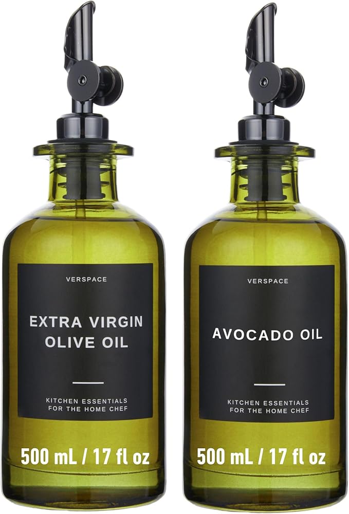 Verspace UV-Protected Green Glass Olive Oil Dispenser Bottles For Kitchen - 2 Pack - 17oz Includes 40 Kitchen Essential Labels, Avocado Oil Dispenser Set, Modern Decor for Home, Airbnb, Cafe by Verspace