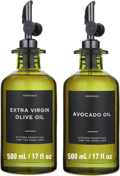 Verspace UV-Protected Green Glass Olive Oil Dispenser Bottles For Kitchen - 2 Pack - 17oz Includes 40 Kitchen Essential Labels, Avocado Oil Dispenser Set, Modern Decor for Home, Airbnb, Cafe by Verspace