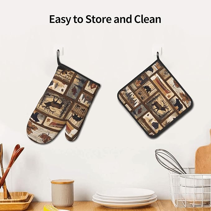 Rustic Lodge Pot Holders and Oven Mitts - Bear Moose Forest Oven Glove Hot Pads for Kitchen Chef Gifts for Cooking Lover Cooks - Image 6