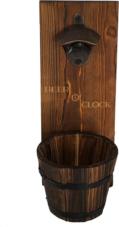“Beer O’ Clock” Rustic Wall Mounted Bottle Opener and Catcher - Dark Stain Pine with Zinc Alloy Opener - Removable Wooden Bucket - Man (or Woman) Cave Ready by Thirsty+Solutions