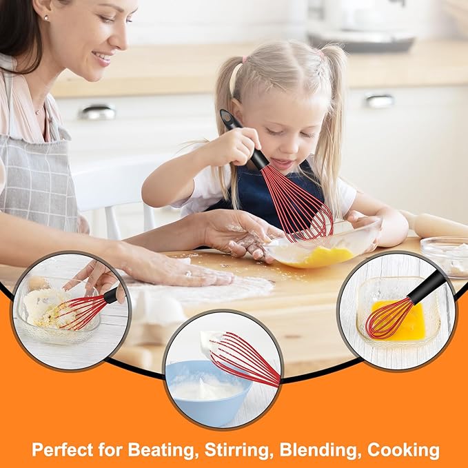 HOTEC 4 Pieces Silicone Whisks Set, Wire Balloon Whisks Egg Beater, Non-slip Handle Whisk for Non-stick Cookware Perfect for Cooking, Stirring, Beating and Blending (Red) - Image 3