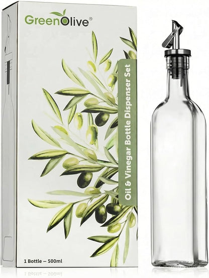 GREENOLIVE Olive Oil Dispenser Bottle - 17 oz. Clear Glass Bottle with No-Drip BPA-Free Spout - Ideal for Kitchen and Cooking Essentials - Single Bottle by GREENOLIVE