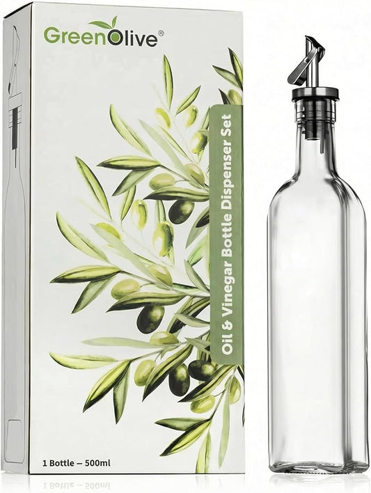 GREENOLIVE Olive Oil Dispenser Bottle - 17 oz. Clear Glass Bottle with No-Drip BPA-Free Spout - Ideal for Kitchen and Cooking Essentials - Single Bottle by GREENOLIVE