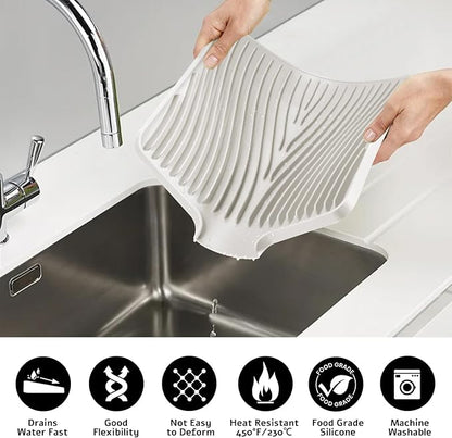 TIKNIK Silicone Dish Drying Mat, Stone Drying Mat for Kitchen Counter with Built-In Drain, Non-Slip Drain Pad with Built-in Drain, Heat Resistant Stone Drying Mat, Hangable, Cream-2pcs, 16" x 12" - Image 5