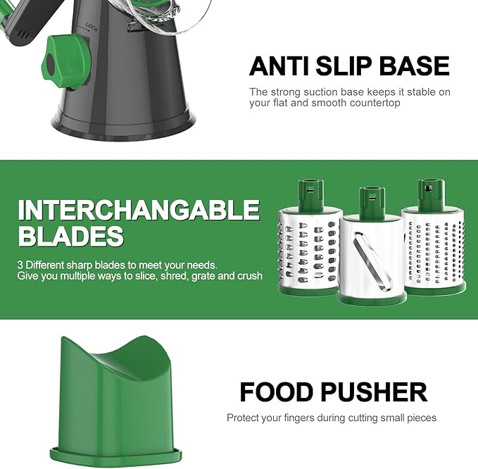 Cambom Rotary Cheese Grater Hand Crank Cheese Shredder for Fresh Cheese, Vegetable, Nuts,Non-slip Suction Base, Free Cleaning Brush Three Blades, Grey and Green - Image 5