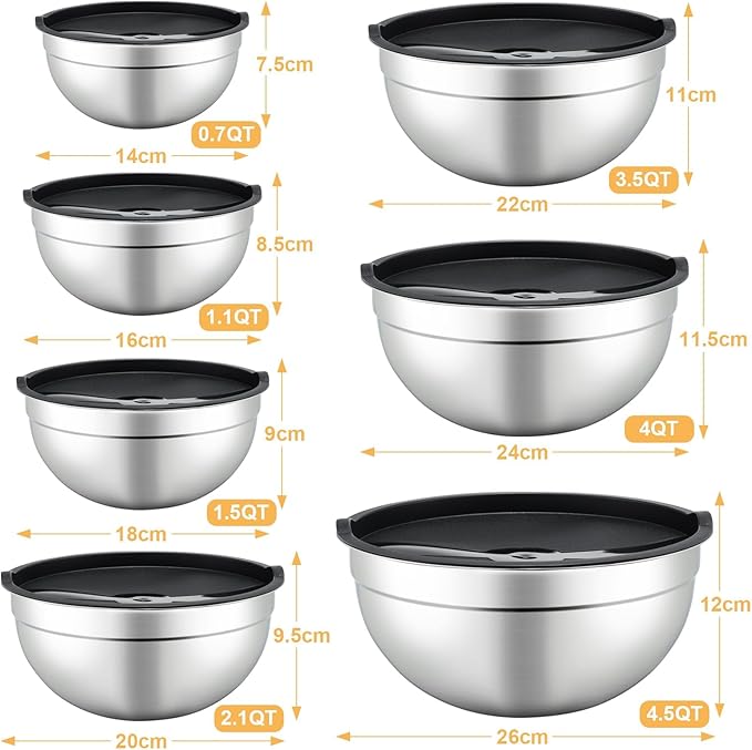 Hunnycook 7 Piece Mixing Bowls with Lids Set - Mixing Bowls Stainless Steel Bowls for Kitchen Baking, Size 0.7, 1.1, 1.5, 2.1, 3.5, 4, 4.5QT, Baking Bowl for Food Preparation, Mixing and Serving Foods - Image 3