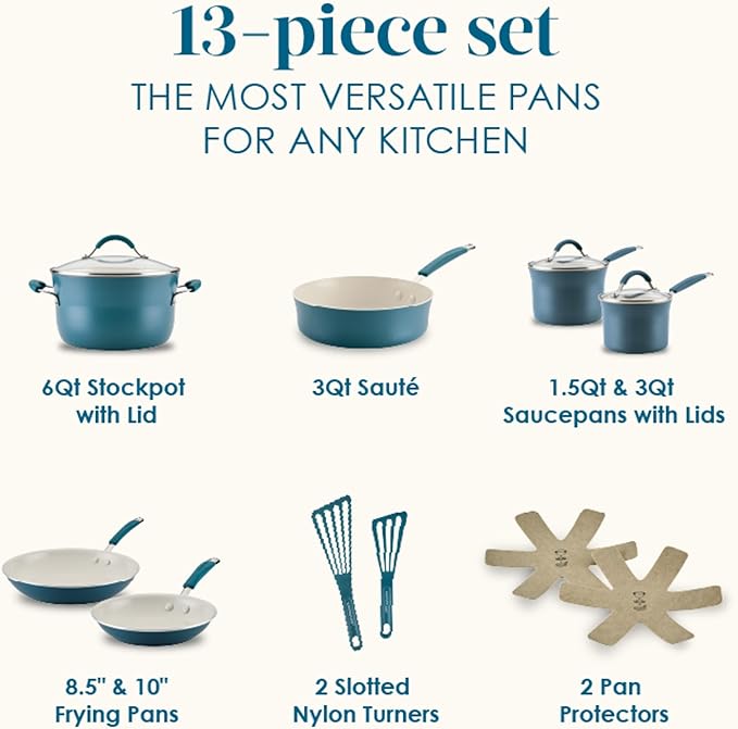 Rachael Ray Cucina Ceramic Cookware Set - 13 Pieces - Ceramic Pots and Pans Set w/Nonstick Frying Pans, Saute Pan, Saucepans, Stockpot, Lids, Pan Protectors & Cooking Utensils - Marine Blue - Image 2