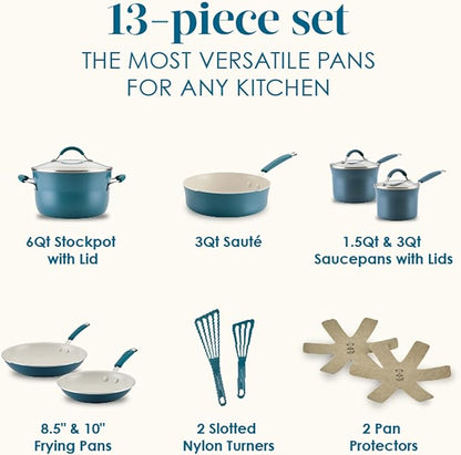 Rachael Ray Cucina Ceramic Cookware Set - 13 Pieces - Ceramic Pots and Pans Set w/Nonstick Frying Pans, Saute Pan, Saucepans, Stockpot, Lids, Pan Protectors & Cooking Utensils - Marine Blue - Image 2