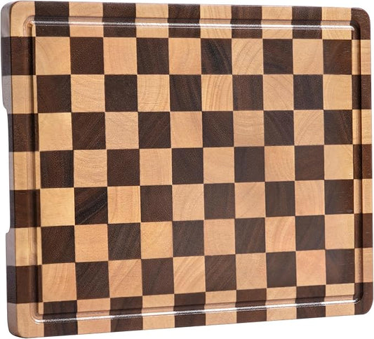 Checkerboard Cutting Boards for Kitchen, Acacia Wooden Cutting Board, End Grain Chopping Board with Juice Groove, Serving Tray for Meat, Vegetables, Fruits, Bread, Cheese, 14" X 11" X 0.8" by FyctioHome