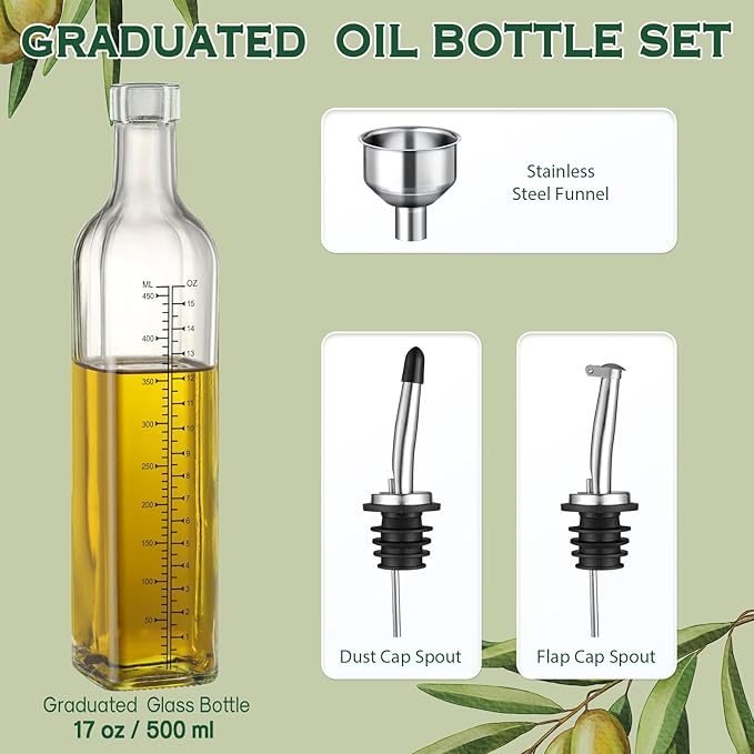 AOZITA 17oz Glass Olive Oil Dispenser Bottle - 500ml Clear -Oil & Vinegar Cruet with Pourers and Funnel - Olive Oil Carafe Decanter for Kitchen - Image 2