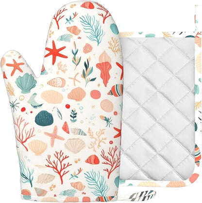 Cartoon Starfish and Shells Oven Mitts and Pot Holders Sets Silicone Kitchen Mitts Potholders Heat Resistant Oven Gloves Hot Pads for Kitchen Baking Cooking BBQ