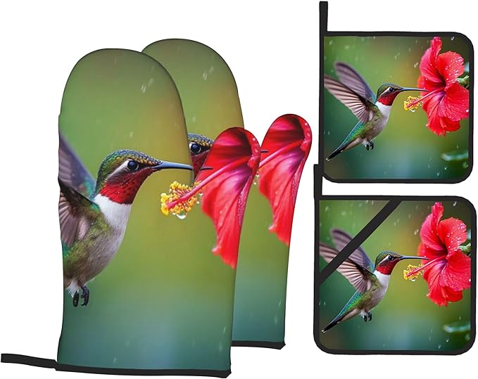 Oven Mitts and Hot Pads Set - Hummingbird Flower Design, Heat Resistant Cute Pot Holders for Kitchen, Baking Gifts for Women