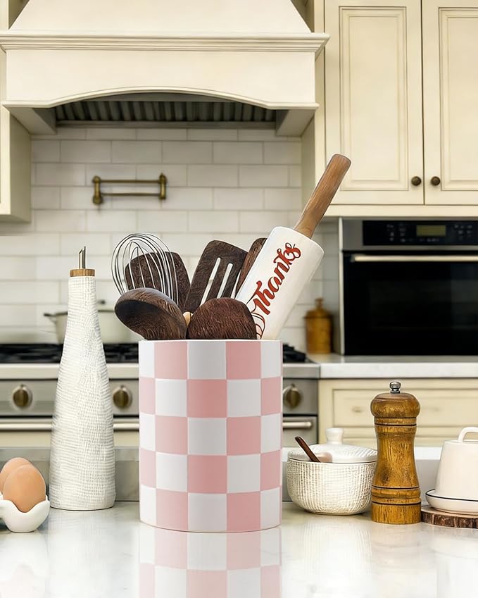 Utensil Holder，7.2 Inch Checkered Utensil Holder, Ceramic Cooking Utensil Spoon/Spatula Holder for Countertop, Kitchen Decor and Accessories for counte(Purple) - Image 5