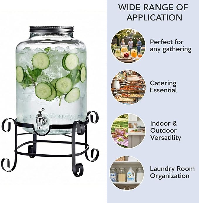 Style Setter Beverage Dispenser Cold Drink Dispenser w/ 3-Gallon Capacity Glass Jug, Metal Stand & Leak-Proof Acrylic Spigot Great for Parties, Weddings & More - Image 6