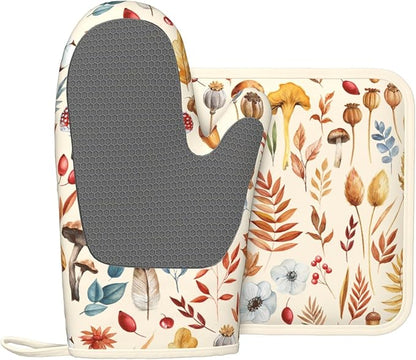 Fall Silicone Oven Mitts Pan Mats Set of 2, Heat Resistant Gloves Potholder with Non-Slip Grips Hanging Loops Pot Holder, Spring Summer for Chef Cooking, Baking, Grilling, BBQ