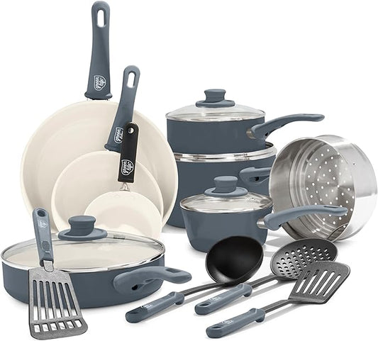 GreenLife 16 Piece Nonstick Cookware Set, Soft Grip Non-Toxic PFAS-Free Ceramic Pots & Pans, Dishwasher & Oven Safe, Frying, Sauce, Saute, Utensils, Glass Lids, Stay-Cool Handles, Wobble Free, Gray by GreenLife