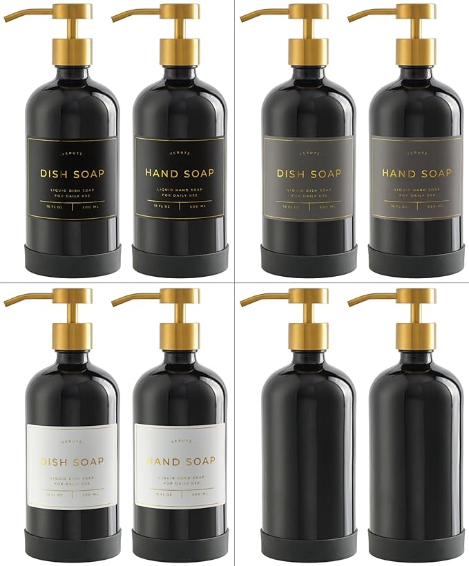 Hand and Dish Soap Dispenser for Kitchen and Bathroom, Set of 2 16 Oz Glass Bottles, Stainless Steel Pumps, Non-Slip Silicone Base, 27 Waterproof Labels (Gloss Black Bottle/Brushed Gold Pump) - Image 5