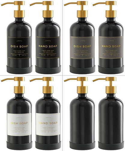 Hand and Dish Soap Dispenser for Kitchen and Bathroom, Set of 2 16 Oz Glass Bottles, Stainless Steel Pumps, Non-Slip Silicone Base, 27 Waterproof Labels (Gloss Black Bottle/Brushed Gold Pump) - Image 5