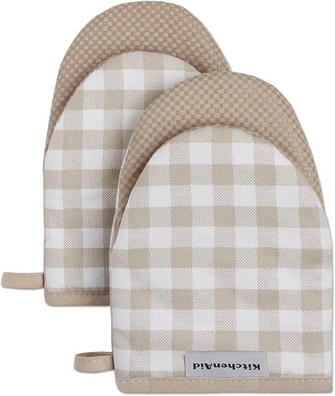 KitchenAid Gingham Mini Oven Mitt 2-Pack Set, Milkshake Tan, 5.5"x8" by KitchenAid