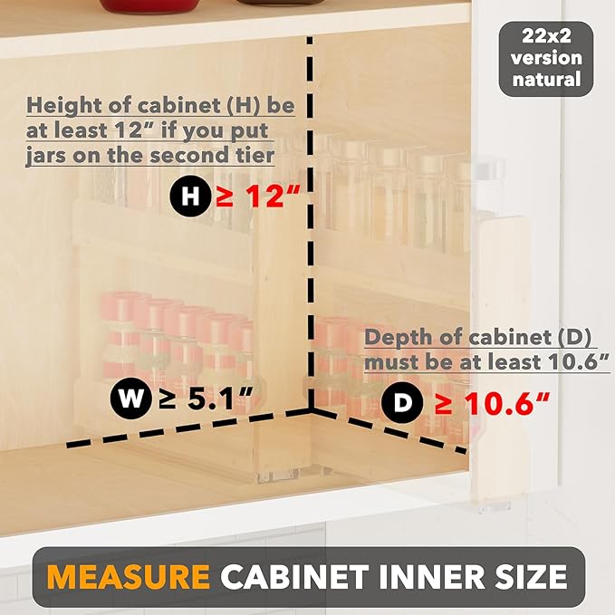 SpaceAid Bamboo Pull Out Spice Rack Organizer for Cabinet, Heavy Duty Slide Out Seasoning Kitchen Pantry Sliding Vertical Organization, 5.1" Wide, 2 Drawers(2" Wide), 2-Tier, Natural - Image 4