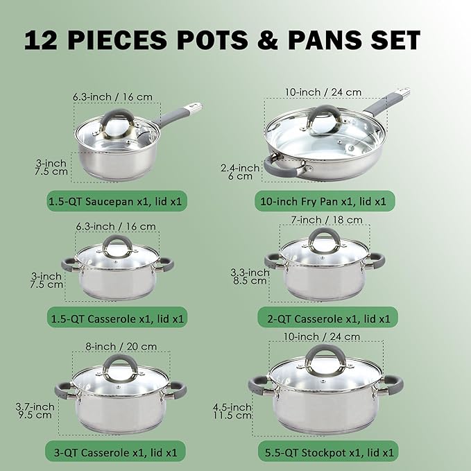 Cook N Home Stainless Steel Cookware Sets, 3-Ply 12 Pcs Pots and Pans Set with Stay-Cool Handle, Non-Toxic, Induction-Ready, Dishwasher & Oven Safe, Combatible w/ All Cooktops - Image 2