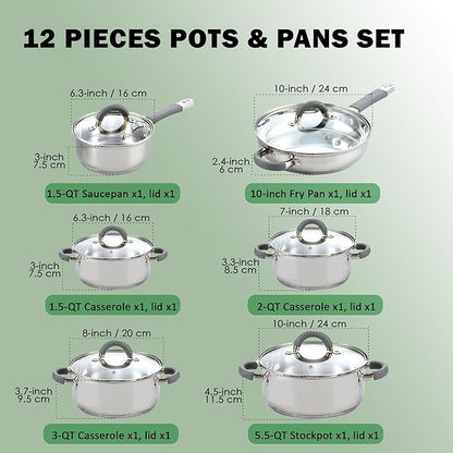 Cook N Home Stainless Steel Cookware Sets, 3-Ply 12 Pcs Pots and Pans Set with Stay-Cool Handle, Non-Toxic, Induction-Ready, Dishwasher & Oven Safe, Combatible w/ All Cooktops - Image 2