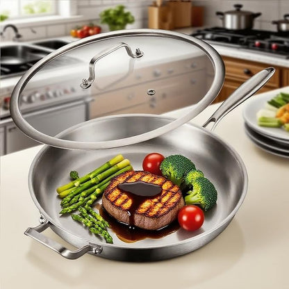 DELARLO Tri-Ply Stainless Steel Pan, 18/10 Frying Pan, Oven Safe Up to 600°F, Nontoxic Cookware, Compatible with All Cooktops Skillet, Durable, Fast Even Heat Fry Pan,Large 14.2 Inch Frying Pan - Image 6