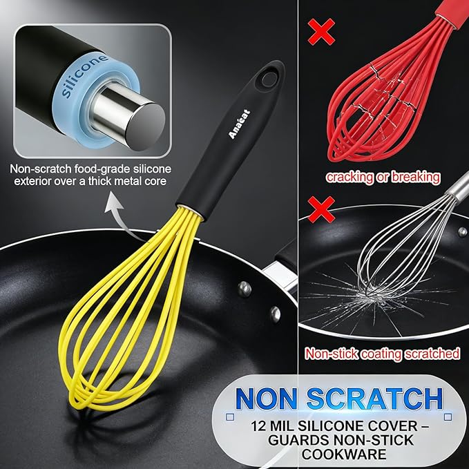 Anaeat Silicone Whisk, Thick Stainless Steel Wire Inner Heat Resistant - Kitchen Whisks for Non-Stick Cookware, Balloon Egg Beater for Whisking, Blending, Beating, Frothing & Stirring (Yellow) - Image 3