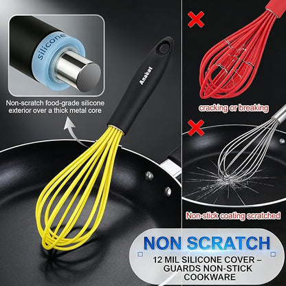Anaeat Silicone Whisk, Thick Stainless Steel Wire Inner Heat Resistant - Kitchen Whisks for Non-Stick Cookware, Balloon Egg Beater for Whisking, Blending, Beating, Frothing & Stirring (Yellow) - Image 3