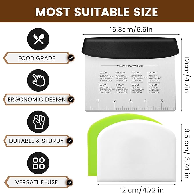SCHVUBENR Dough Scraper Set with 2 Flexible Bowl Scrapers - Stainless Steel Dough Cutter & Bench Scraper with Measuring Scale - Versatile Kitchen Scraper for Bread, Pastry, Pizza, Cake - Black & Green - Image 4