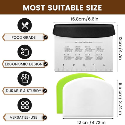 SCHVUBENR Dough Scraper Set with 2 Flexible Bowl Scrapers - Stainless Steel Dough Cutter & Bench Scraper with Measuring Scale - Versatile Kitchen Scraper for Bread, Pastry, Pizza, Cake - Black & Green - Image 4