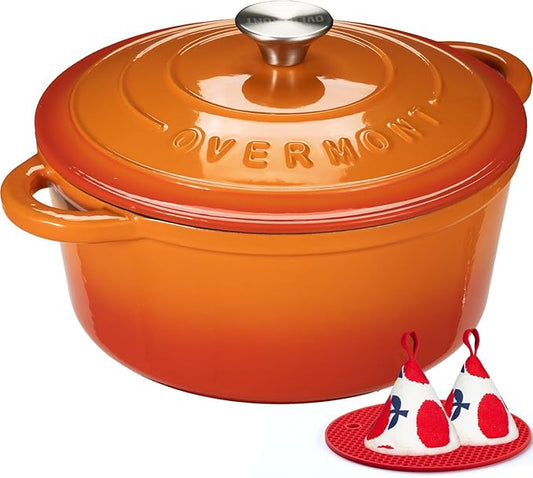 Overmont Enameled Cast Iron Dutch Oven - 7QT Pot with Lid Cookbook & Cotton Potholders - Heavy-Duty Cookware for Braising, Stews, Roasting, Sourdough Baking orange by Overmont