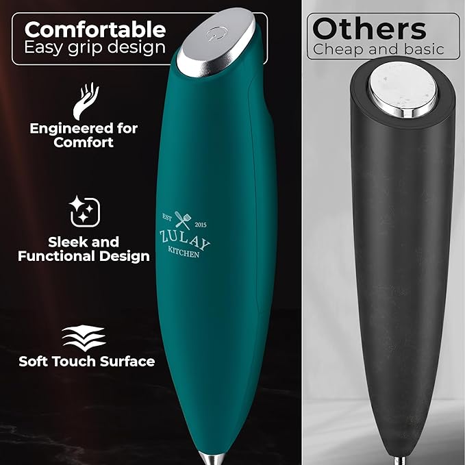 Zulay Kitchen Patented Tornado Triple Whisk Milk Frother with 4 Duracell Batteries – Handheld Foam Maker for Coffee, Lattes, Matcha & Hot Chocolate – Rich, Creamy Froth in Seconds - Vivid Emerald - Image 4