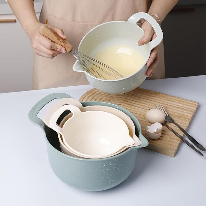 Mixing Bowls - 4 Piece Nesting Plastic Mixing Bowl Set with Pour Spouts and Handles - Non Slip Bottom and Measurement Markings (Light Green) - Image 4