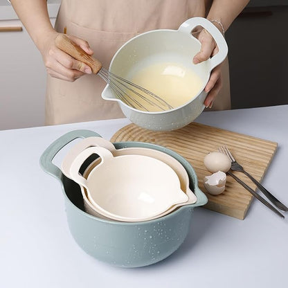 Mixing Bowls - 4 Piece Nesting Plastic Mixing Bowl Set with Pour Spouts and Handles - Non Slip Bottom and Measurement Markings (Light Green) - Image 4