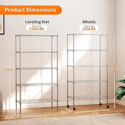 BestOffice | 5-Tier Wire Storage Shelves with Wheels | 14 x 30 x 61 | Chrome | with Adjustable Racks | Heavy-Duty Metal Shelf, Holds Upto 1250 lbs | No-Tool Assembly | Ideal for Home & Garage Shelving