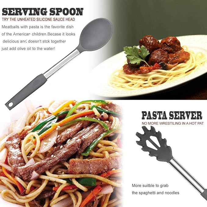 Silicone Kitchen Cooking Utensils Set with Stainless Steel Handle, Spatula Set Utensil Set, Cooking Utensil Set,Kitchen Tools Gadgets for Nonstick Cookware (11, Gray) - Image 5