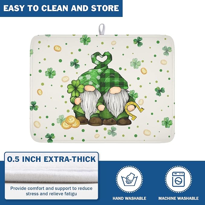 St Patrick's Day Gnome Dish Drying Mat for Kitchen Counter,Inch Lucky Shamrock Gold Coin Drying Mat 18 x 24 Inch with Absorbent Reversible Microfiber Dish Drying Pad for Coffee Bar - Image 5
