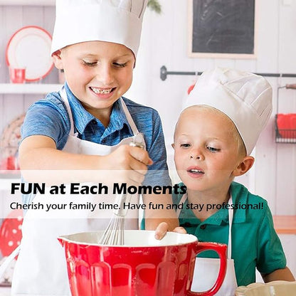 Novelty Place Kid's Apron with Chef Hat Set (3 Set) - Skin-friendly Children’s Bib with Pocket - Cooking, Baking, Painting, Training Wear - Kid's Size (6-12 Year, White)