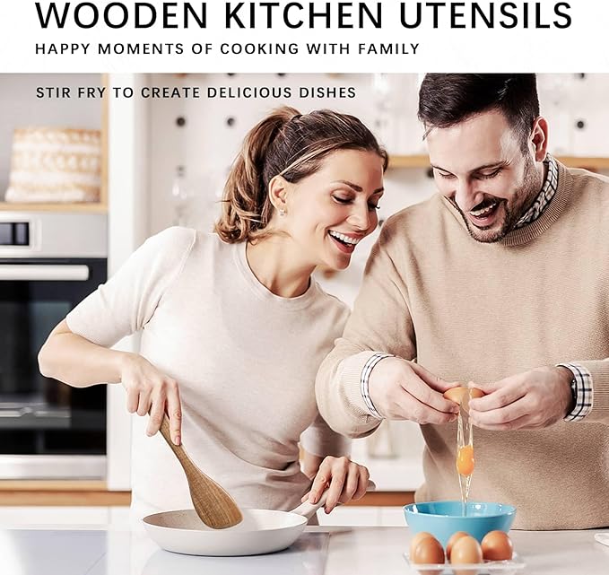 Wooden Spoons for Cooking, 4-Piece Wood Utensil Set Includes Slotted Spoon, Spoon & Wooden Spatula for Cooking – Acacia Wood Kitchen Utensil Set – 12 Inch Hardwearing Tools - Image 3
