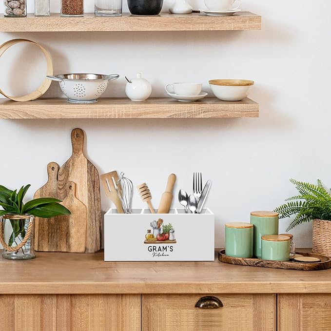Gram Gifts for Women Kitchen Utensil Holder, Mothers Day Birthday Gift for Grandma from Grandkids, Grandma Gifts for Mimi Gigi Nana, Gram's Kitchen Wooden Cooking Utensil Holder