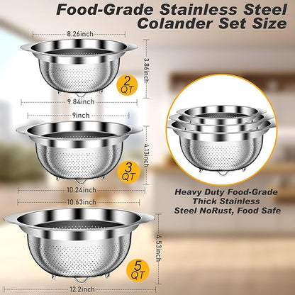 Colander, Stainless Steel Colander for Kitchen, 3Pcs Kitchen Gadget Food Strainer Basket with Handle, Kitchen Strainer Colanders Bowl for Pasta Noodles Spaghetti Vegetables Fruit (2QT, 3QT, 5QT) - Image 7