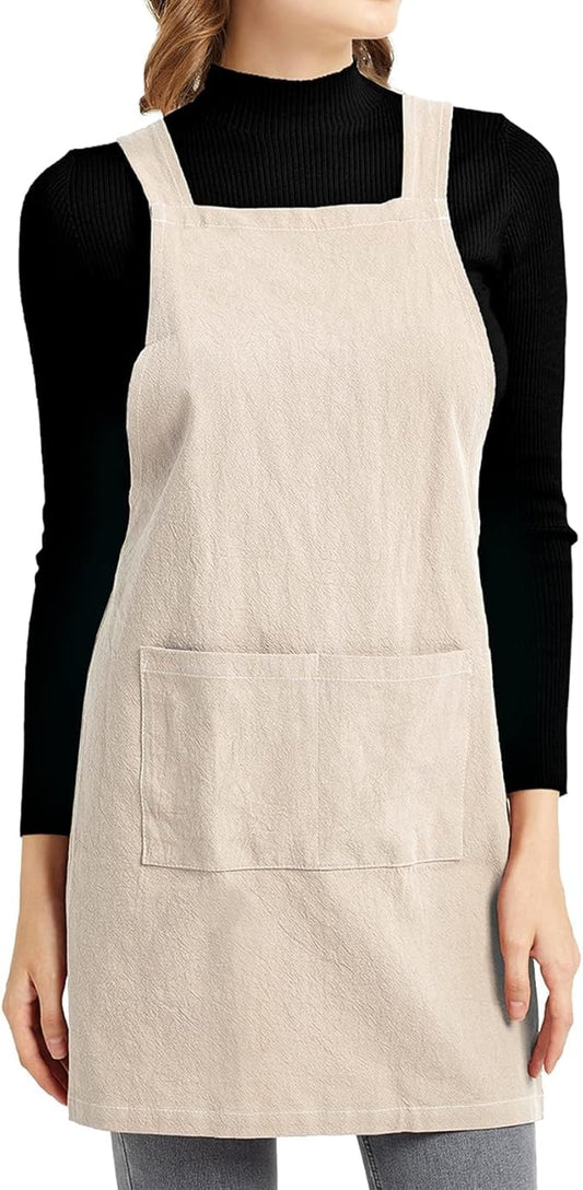 ELEZAY Aprons for Women with Pockets Plus Size Comfort Cross Back No Tie Cotton Linen Apron Pinafore