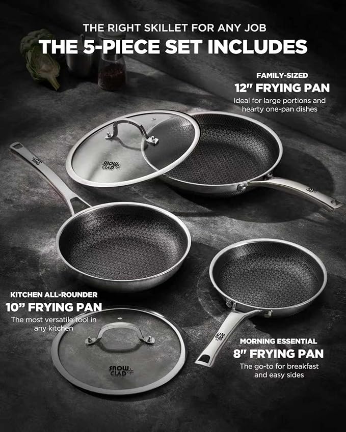 Non Stick Frying Pans with 2 Lids, 8+10+12 inch, Hybrid Frying Pans Set Nonstick,Skillets Stainless Steel Fajita, Dishwasher & Oven-Safe, Induction Compatible Cooking Pan, PFOA Free Cookware - Image 2