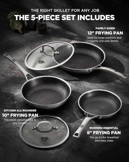 Non Stick Frying Pans with 2 Lids, 8+10+12 inch, Hybrid Frying Pans Set Nonstick,Skillets Stainless Steel Fajita, Dishwasher & Oven-Safe, Induction Compatible Cooking Pan, PFOA Free Cookware - Image 2