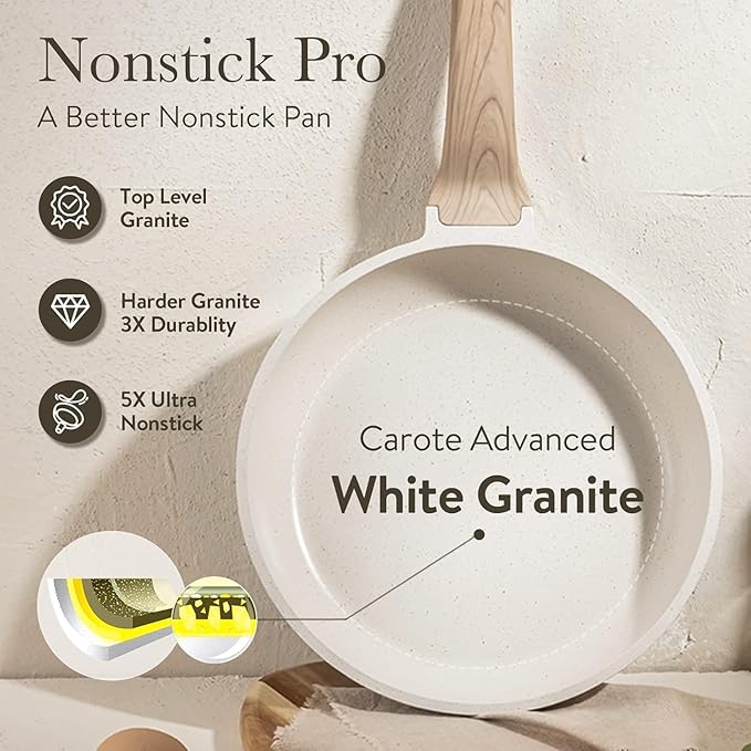 CAROTE Non Stick Frying Pan Skillet, Omelet Pan, Healthy Non Toxic Granite Chef Pan, Induction Compatible Egg Frying Pan with Heat-Resistant Handle, PFOA-Free, Cream White, 12" - Image 4