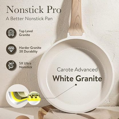 CAROTE Non Stick Frying Pan Skillet,10" Nonstick Fry Pan with Glass Lid, Egg Pan Omelet Pans, Granite Cookware PFOA Free White Granite, 10-Inch - Image 5
