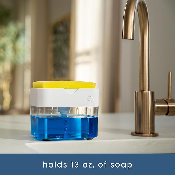 S&T INC. Dish Soap Dispenser and Sponge Holder for Kitchen Sink with Enhanced Features, Sponge Included, 13 Ounces, Matte White - Image 5